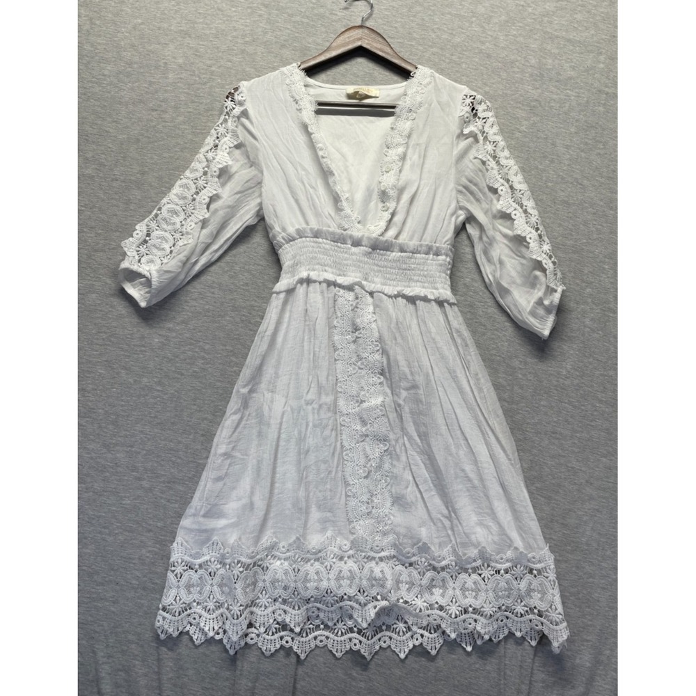 Rebellion Again Mini Dress Women Small White Floral Intricate Lace Smocked Waist